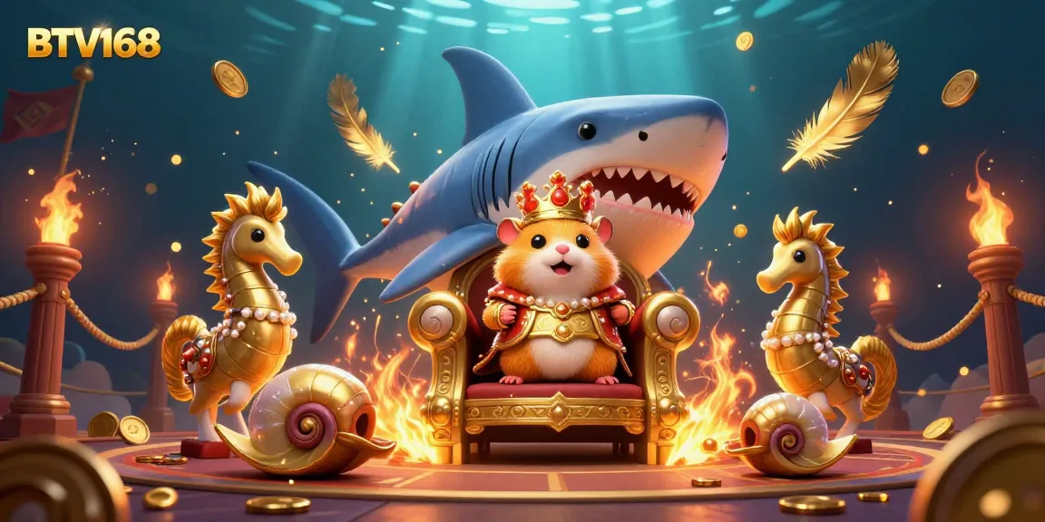 Bet on BTV168 with this vibrant 3D casino scene featuring a hamster king on a megalodon throne.