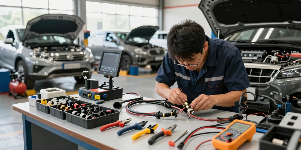 Technician inspecting automotive electrical connectors in an automotive workshop, ensuring reliability and safety.