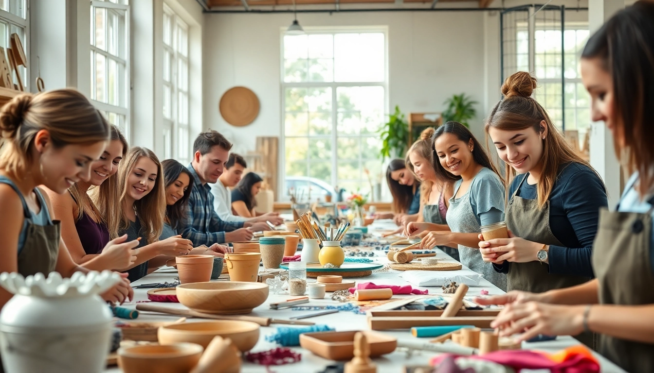 Engaging in craft training programs with diverse participants working on various projects in a bright, collaborative space.