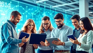 Engaged team collaborating on technology projects using digital devices.