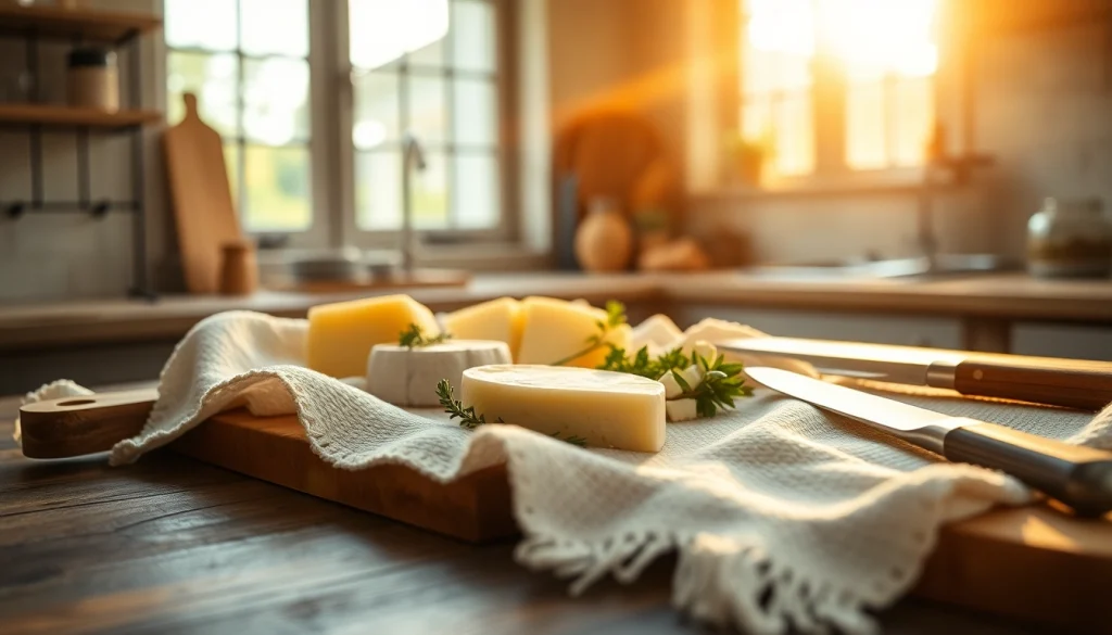 Gebruik van kaasdoek in een rustieke keuken met vers gemaakte kaas en kruiden.