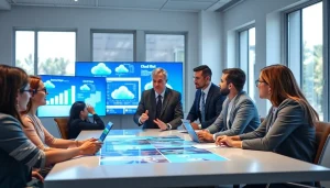 Team collaborating on cloud migration services in a bright conference room with digital displays.