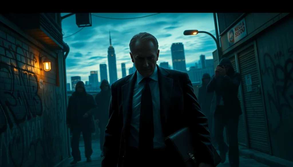 Engaging portrayal of Politics Thieves and Bullets in a gritty urban setting with intense shadows.