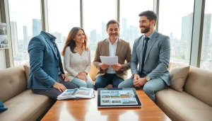 Real Estate agent assists clients in a bright, modern office setting with city views.