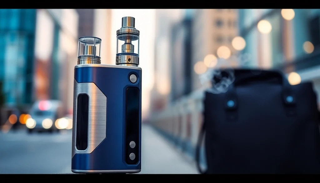 Oxva Gerät im Vordergrund vor stilvollem urbanem Hintergrund, energiegeladen und modern.