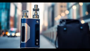 Oxva Gerät im Vordergrund vor stilvollem urbanem Hintergrund, energiegeladen und modern.