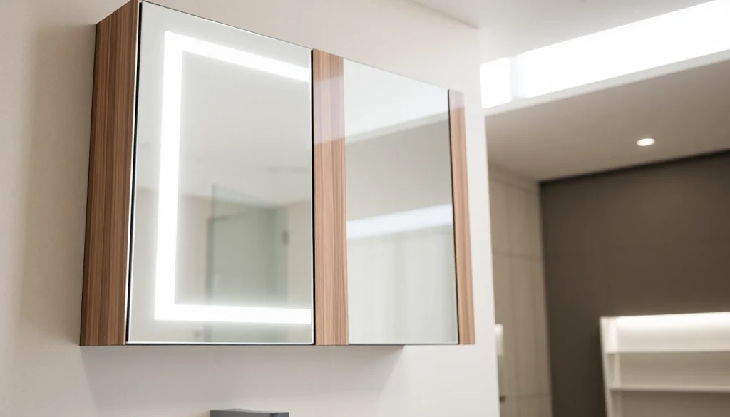 Spiegelschrank led mit modernen Designelementen und sanfter Beleuchtung im Badezimmer.