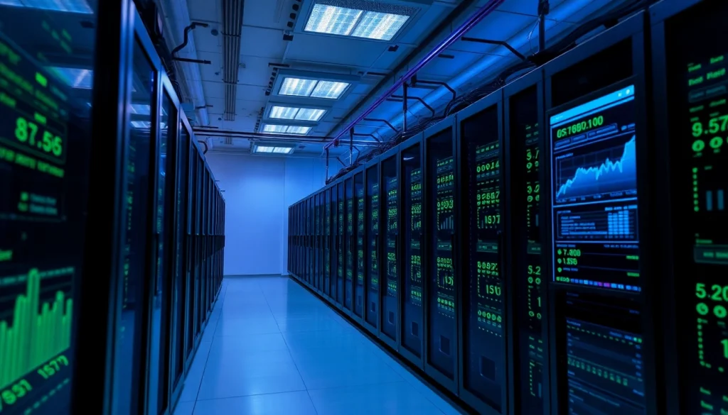 The best cloud mining services in 2025 depicted in a high-tech facility with digital interfaces and ambient lighting.