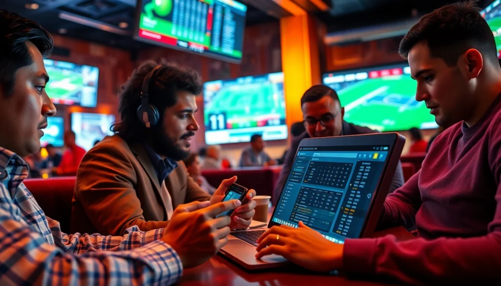 Engaged participants analyzing sports betting sites India on devices in a lively sports bar.