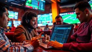 Engaged participants analyzing sports betting sites India on devices in a lively sports bar.