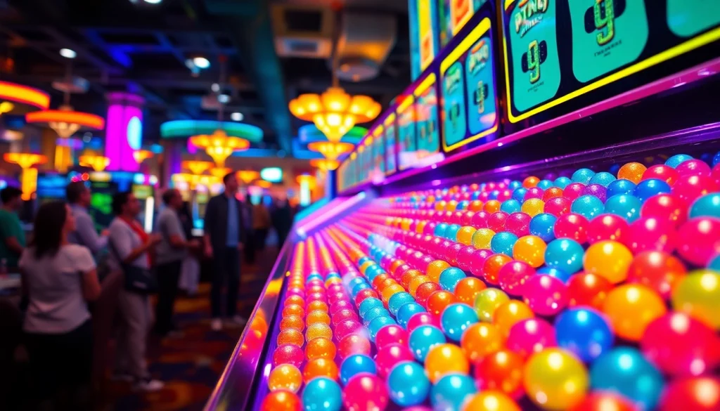 Menangkan permainan plinko slot yang penuh warna dengan bola berkilau jatuh dari papan.