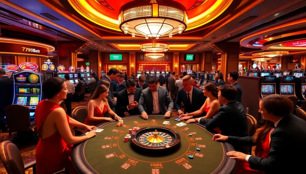 Excited players engaging in high-stakes gaming at 789BET.COM's luxurious casino.