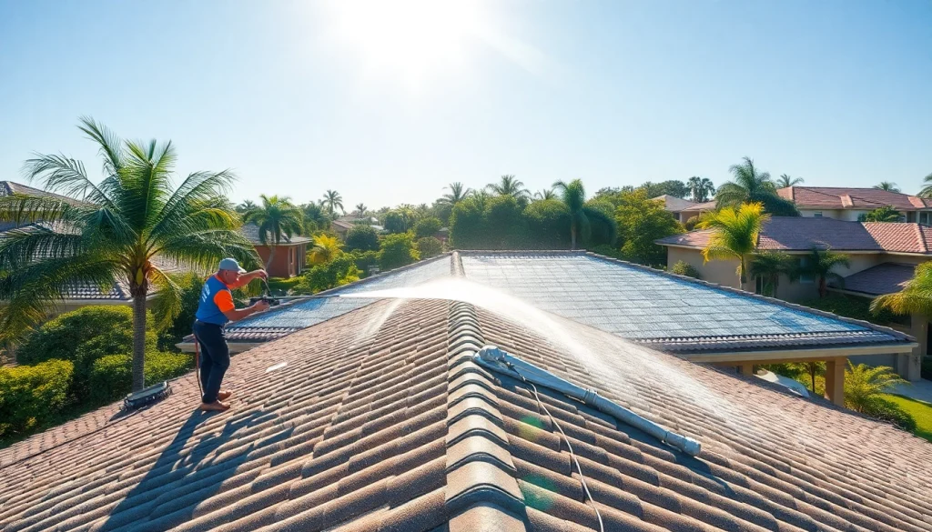 Roof cleaning service using eco-safe techniques on a sunny Kissimmee home, showcasing professional results.