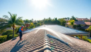 Roof cleaning service using eco-safe techniques on a sunny Kissimmee home, showcasing professional results.