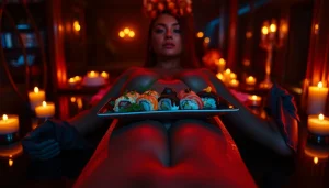 Body sushi experience at Club Noir with model and sushi display in elegant ambiance