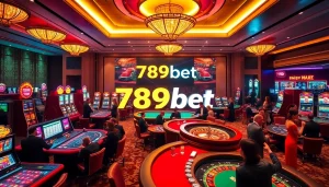 Experience the thrill of playing at 789bet with vibrant casino elements like tables, chips, and slots.