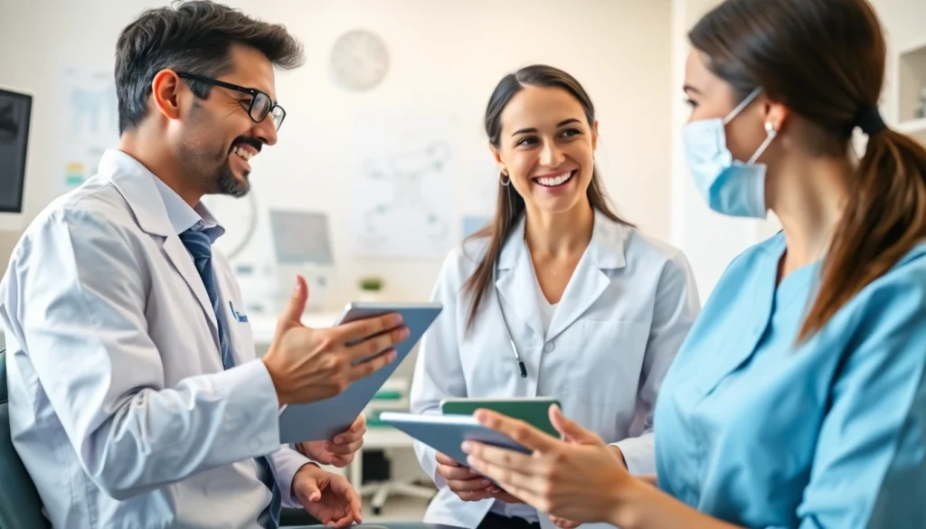 Engaging discussion with a Dental consultant Maryland in a modern office setting.