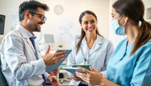 Engaging discussion with a Dental consultant Maryland in a modern office setting.