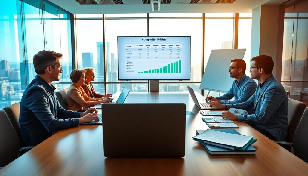 Analyze competitor pricing strategies during a business meeting in a modern office setting.