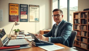 Professional translator working in a modern office, translating documents, focused on authorized translations.