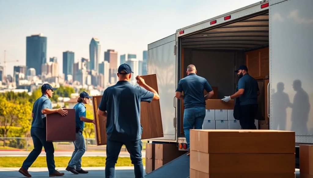 Dedicated moving company Vancouver professionals loading furniture onto a moving truck amidst the city skyline.