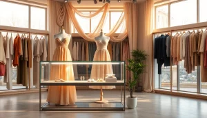 Showcase Rivelle’s elegant clothing in a stylish boutique setting with warm lighting and soft pastels.
