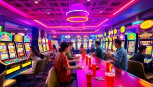 Engaging scene of players enjoying slot hoki games in a vibrant casino atmosphere.
