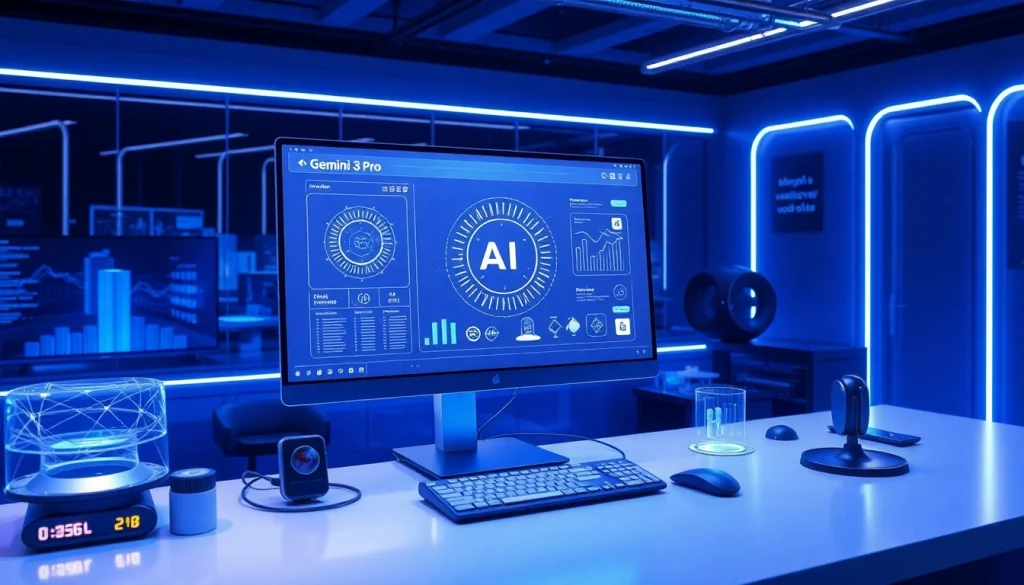 Gemini 3 Pro AI model showcased in a futuristic workspace with advanced tech.