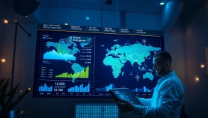 Visual representation of bitcoin cloud mining with digital interface and renewable energy sources.