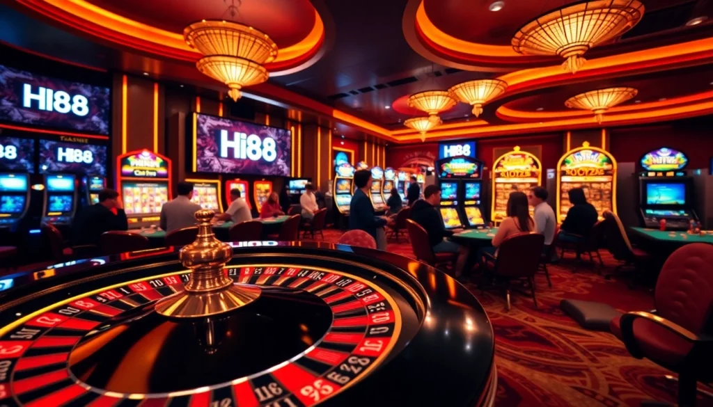 Hi88 players enjoying a thrilling casino experience with poker chips and roulette wheel.