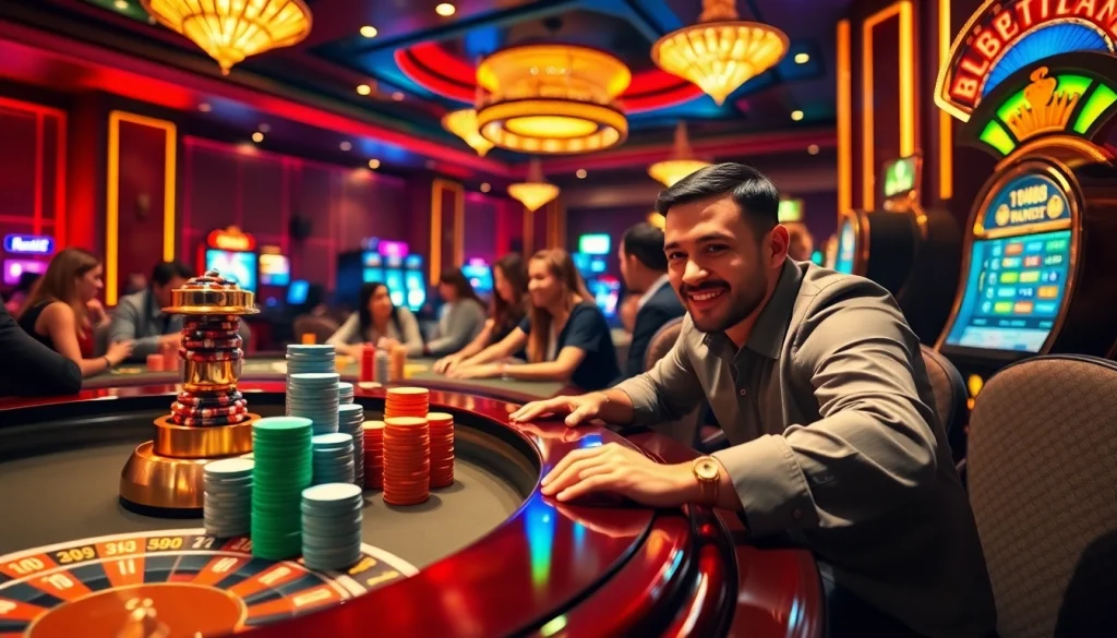 Experience the thrill of rr88 casino with engaged players at poker and roulette tables, showcasing excitement and luxury.