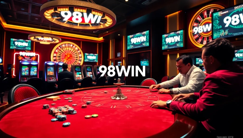 Excited players at a casino table with 98WIN logo, showcasing thrilling gambling action.