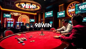 Excited players at a casino table with 98WIN logo, showcasing thrilling gambling action.