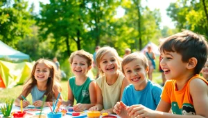 Children enjoying activities at holiday camps under bright sunshine, showcasing joy and camaraderie.