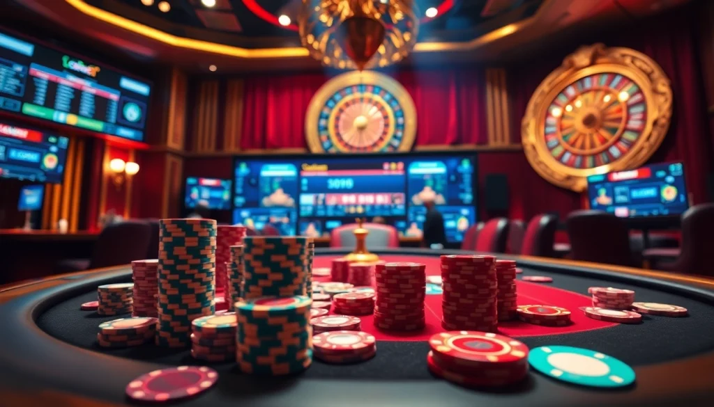 Sbobet login interface displayed amidst a vibrant casino scene with poker players and roulette wheel.