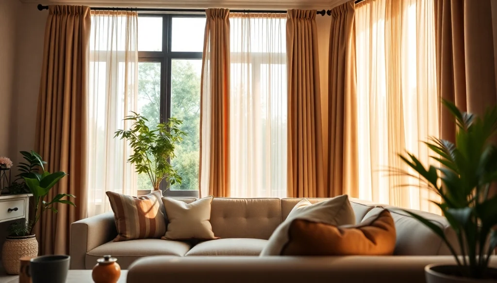 Verduisterende gordijnen creëren een elegante sfeer in de woonkamer met mooie raambekleding.