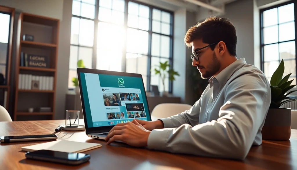 在现代办公室的笔记本电脑上使用 WhatsApp Web，展示专业的数字化沟通。