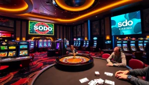 SODO Casino features a vibrant gaming atmosphere with poker tables and live betting excitement.