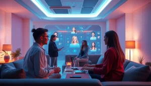 Engaging adults interacting with NSFW AI chatbots in a futuristic setting.