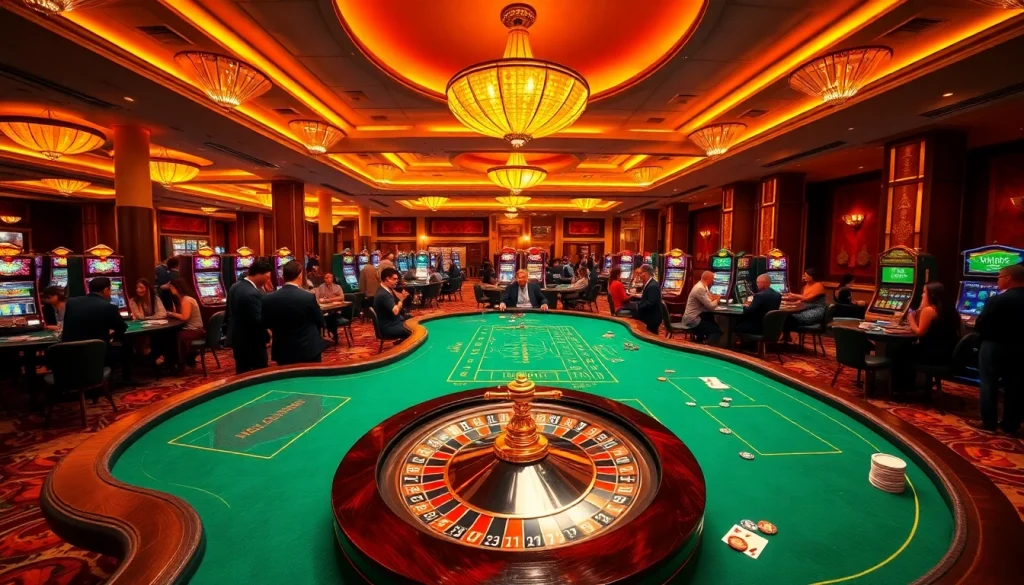 Hello88 casino scene with poker tables, roulette wheel, and slot machines conveying excitement.