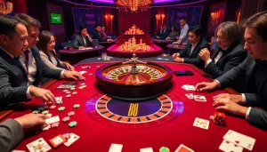 Experience the excitement of BK8 as players engage in high-stakes roulette and blackjack in a luxurious casino setting.