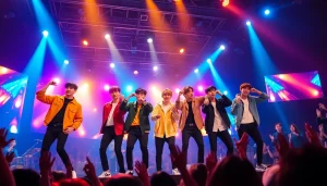 BTS news highlights the group performing live, capturing their energetic stage presence.