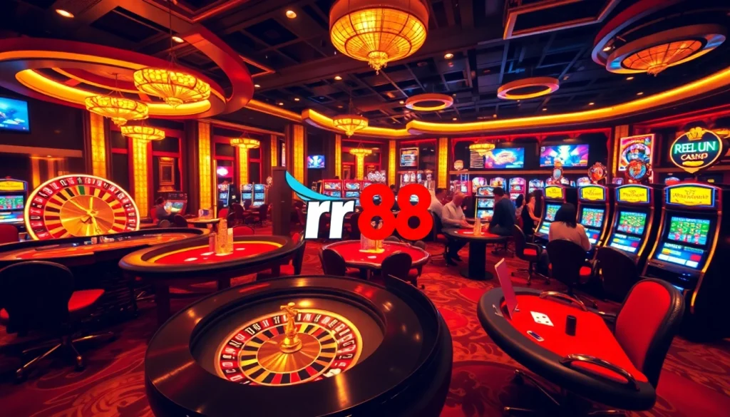 Experience the thrill of rr 88 with an elegant casino scene featuring roulette, poker, and vibrant slot machines.