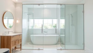 Showcase of glass shower doors in an elegant bathroom design with modern aesthetics.