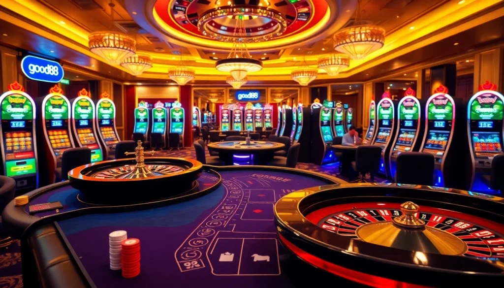 Engaging scene of high-stakes casino gaming featuring good88 logo on poker table and slot machines.