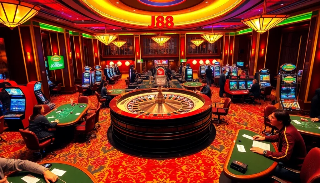 Engaging scene of players enjoying games at a casino featuring J88 tables and vibrant slot machines.