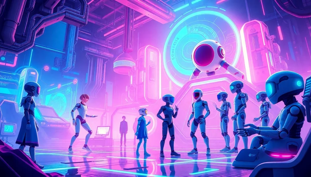 Dynamic digital interaction of character AI NSFW in a vibrant, futuristic setting.