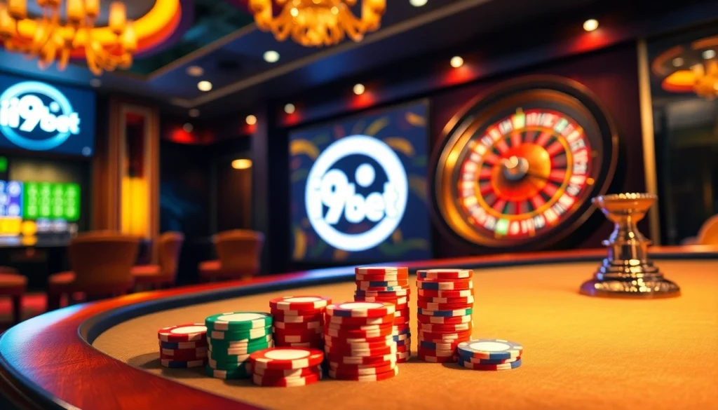 Experience the thrill of i9bet with a luxurious casino table, colorful poker chips, and an exciting roulette wheel.
