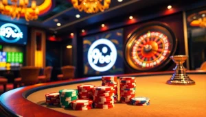 Experience the thrill of i9bet with a luxurious casino table, colorful poker chips, and an exciting roulette wheel.