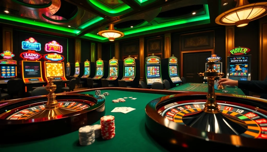 Play and win at 789 BET in a luxurious casino environment featuring poker and roulette.